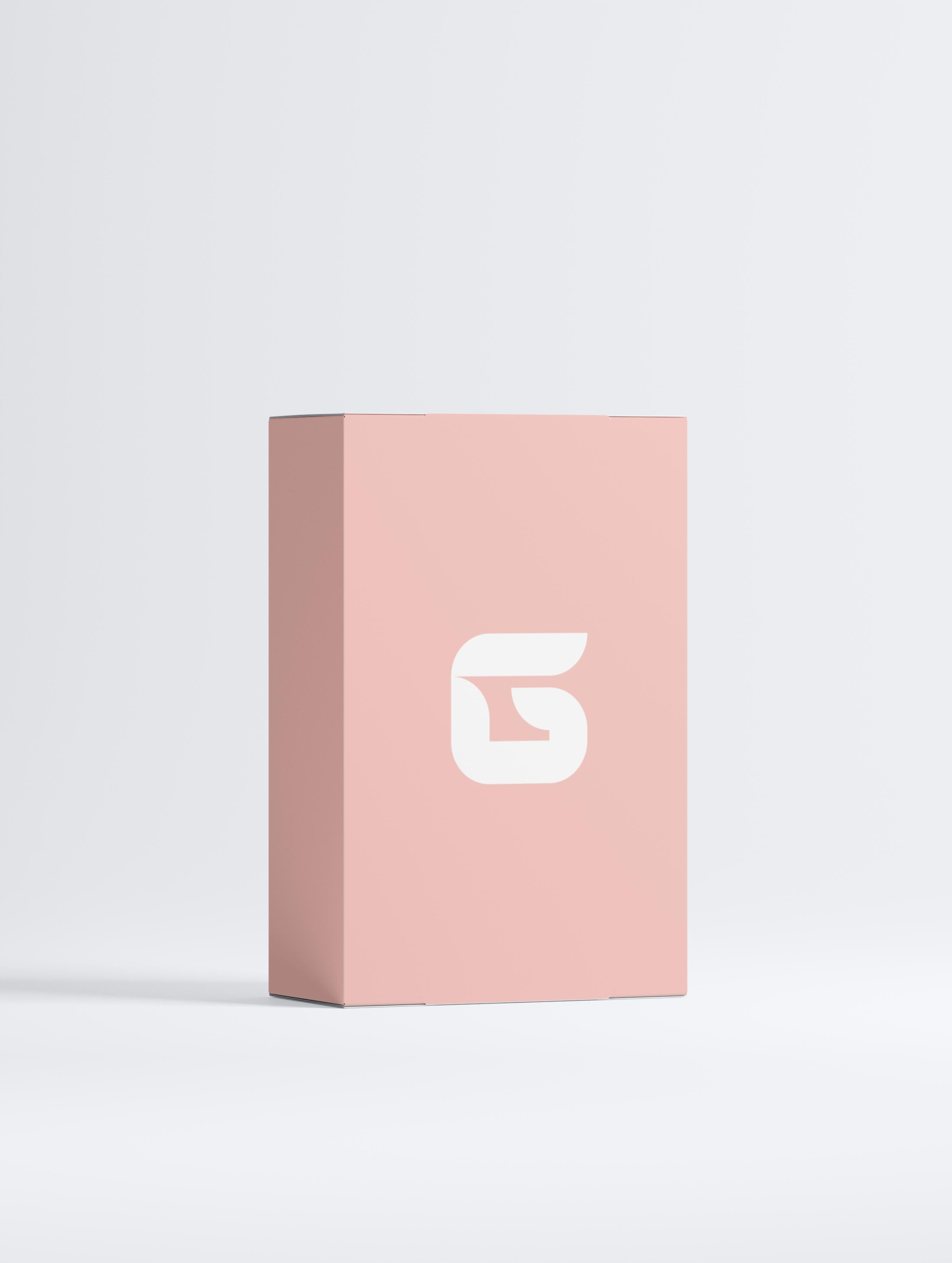 Pink box with a white logo on a light gray background by Glixxy