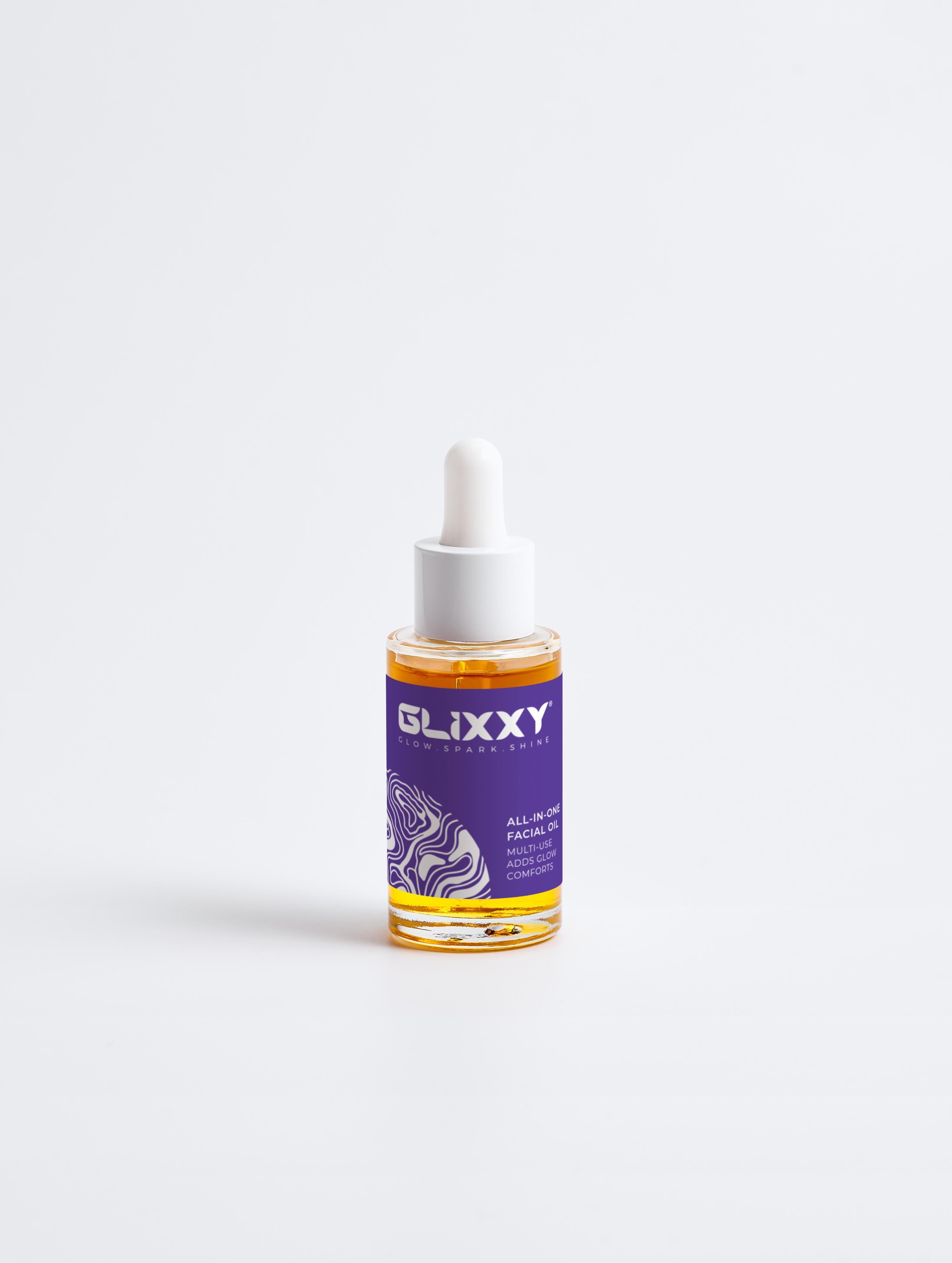Glixxy facial oil dropper bottle on a white background