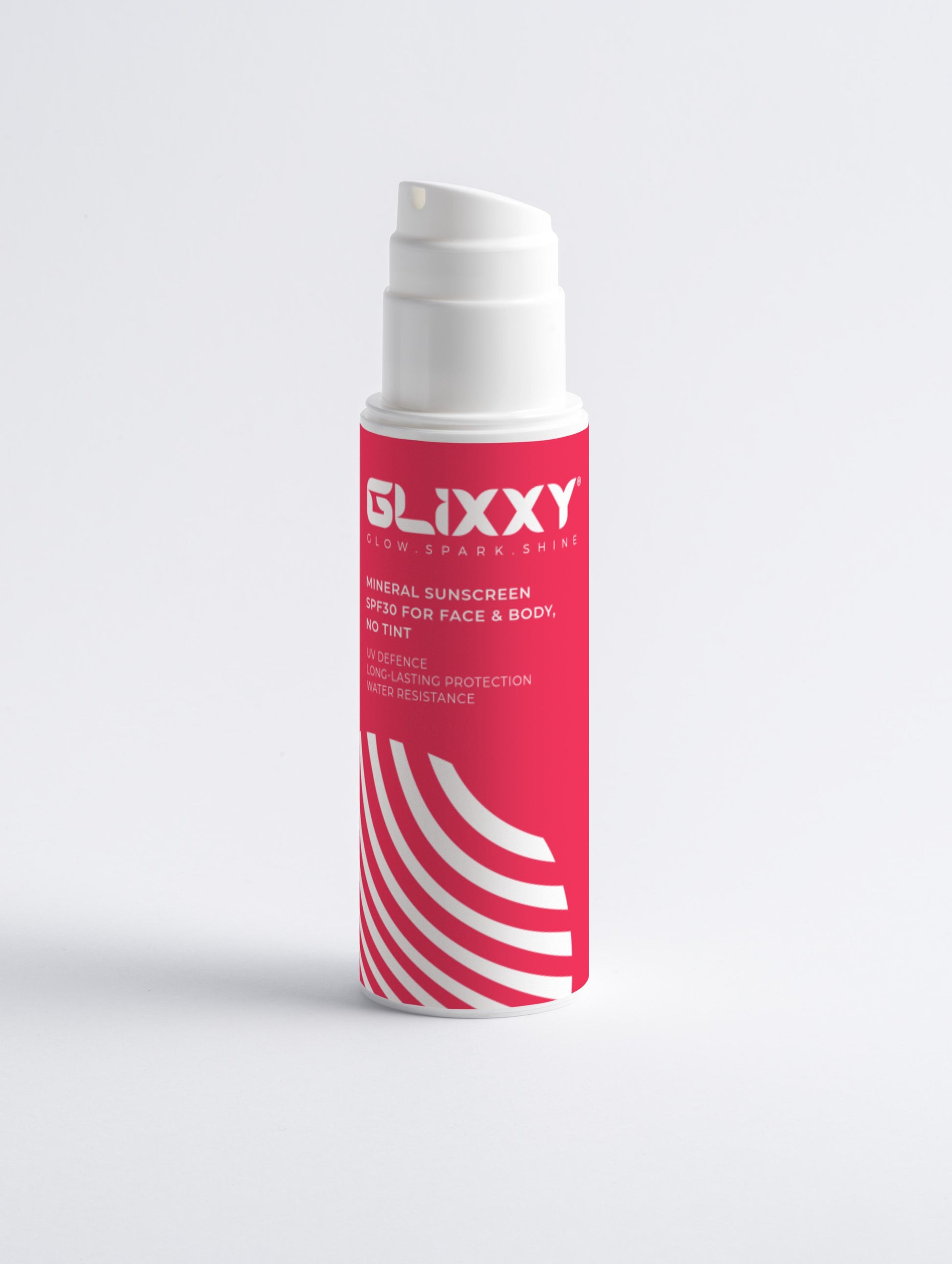 Glixxy Mineral Sunscreen SPF30 for face and body with no tint bottle with red label on a light gray background