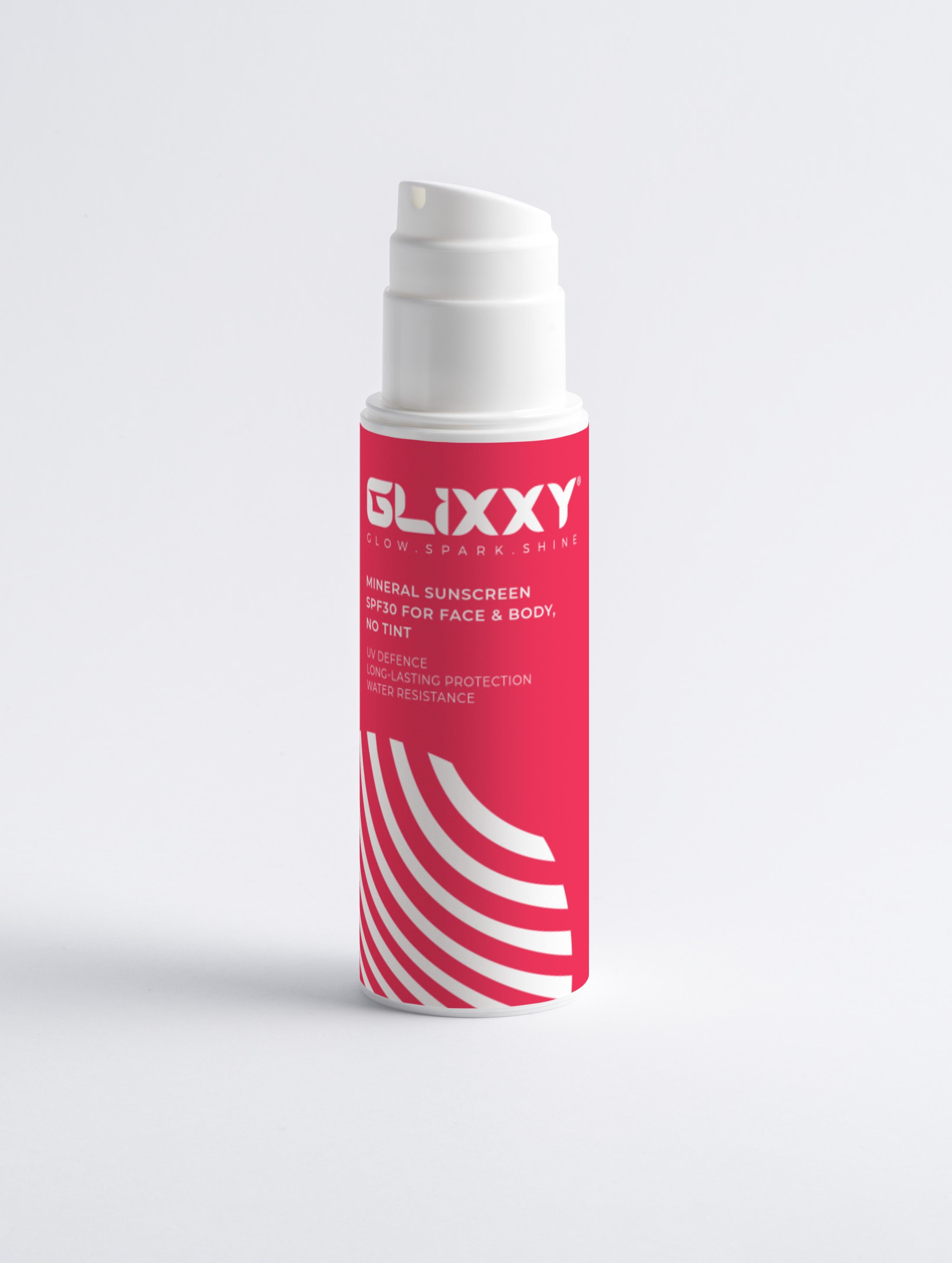 Glixxy Mineral Sunscreen SPF30 for face and body with no tint bottle with red label on a light gray background