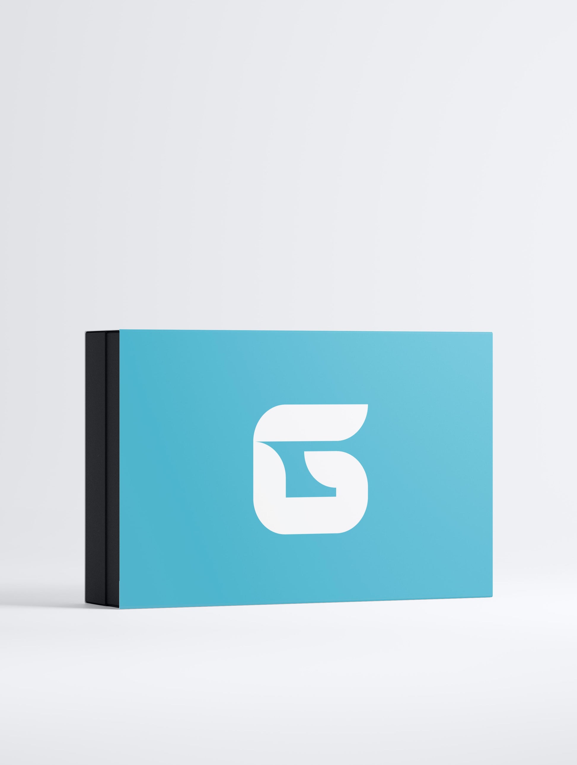 Blue box with a white logo on a light gray background