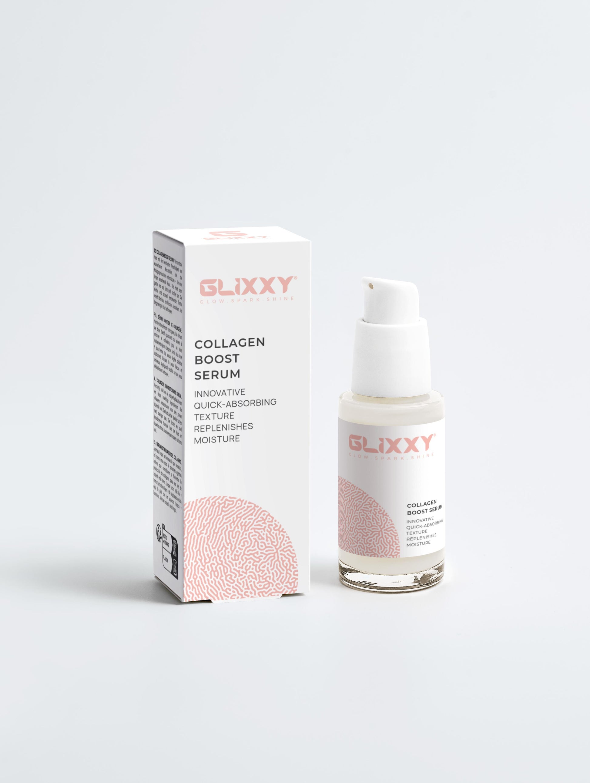 Glixxy Collagen Boost Serum with packaging on a white background