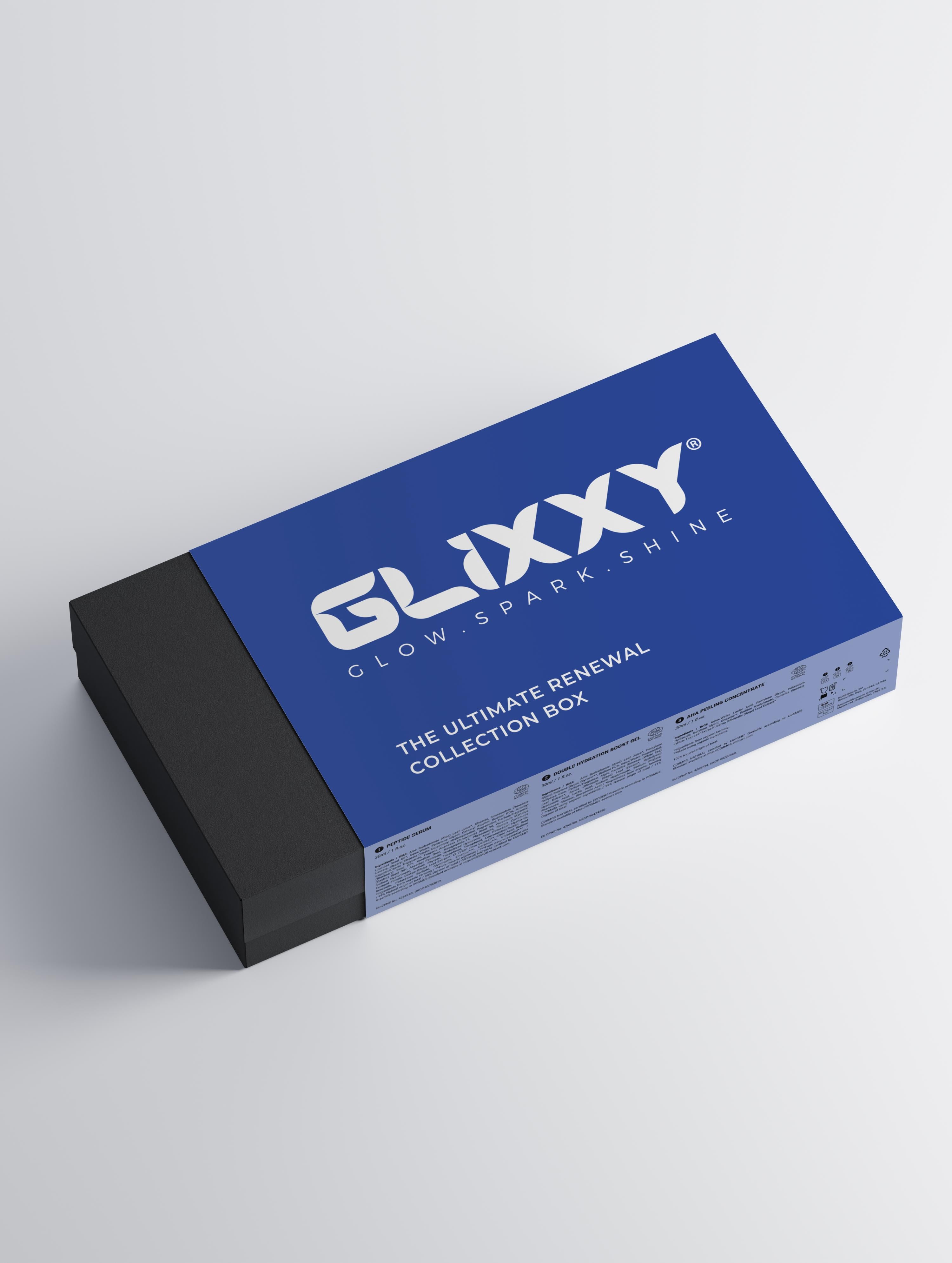 Glixxy product packaging on a white background containing ultimate renewal collection box